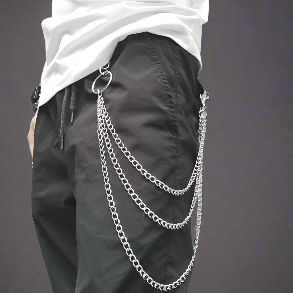 THE MEN THING Biker Fashion DRAPE TRI - LAYER SILVER -  Alloy Multi-Layer Biker Jeans Chain with Lobster Clasps for Men & Boys - 30 inch