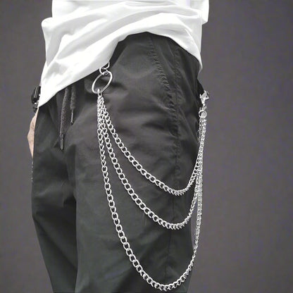 THE MEN THING Biker Fashion DRAPE TRI - LAYER SILVER -  Alloy Multi-Layer Biker Jeans Chain with Lobster Clasps for Men & Boys - 30 inch