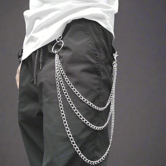 THE MEN THING Biker Fashion DRAPE TRI - LAYER SILVER -  Alloy Multi-Layer Biker Jeans Chain with Lobster Clasps for Men & Boys - 30 inch