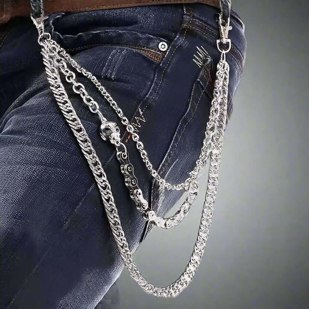 THE MEN THING Biker Fashion SKULL BIKE LINK CHAIN - 3pcs Alloy Multi-Layer Wallet Biker Jeans Chain with Lobster Clasps for Men & Boys - "20.5" inch
