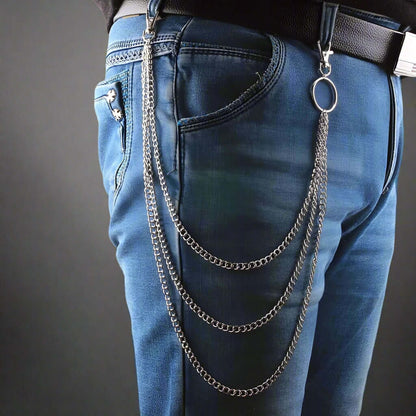 THE MEN THING Biker Fashion TRIADIC LINK CHAIN SILVER - 3pcs Alloy Multi-Layer Heavy Punk Biker Jeans Chain with Lobster Clasps for Men & Boys - 39 inch