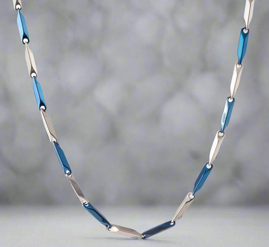 THE MEN THING Chain RICE CHAIN - Blue Silver Tone -  Pure Stainless Steel 24inch - European Trending Style for Men & Boy