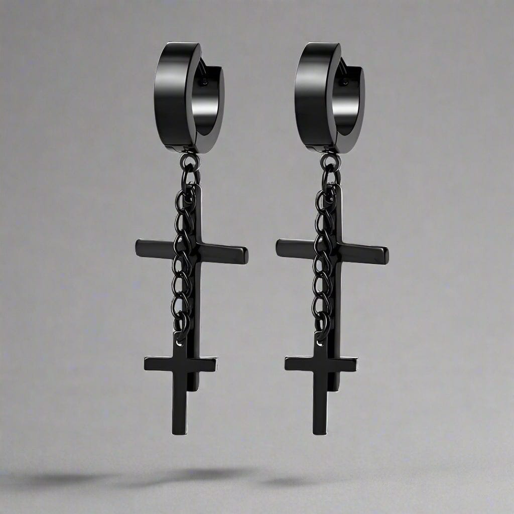 THE MEN THING DOUBLE CROSS NOIRCHAIN BLACK - Titanium Steel Hoop Earrings for Men & Boys (2 Pcs)