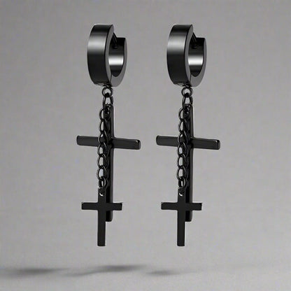 THE MEN THING DOUBLE CROSS NOIRCHAIN BLACK - Titanium Steel Hoop Earrings for Men & Boys (2 Pcs)