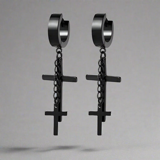 THE MEN THING DOUBLE CROSS NOIRCHAIN BLACK - Titanium Steel Hoop Earrings for Men & Boys (2 Pcs)