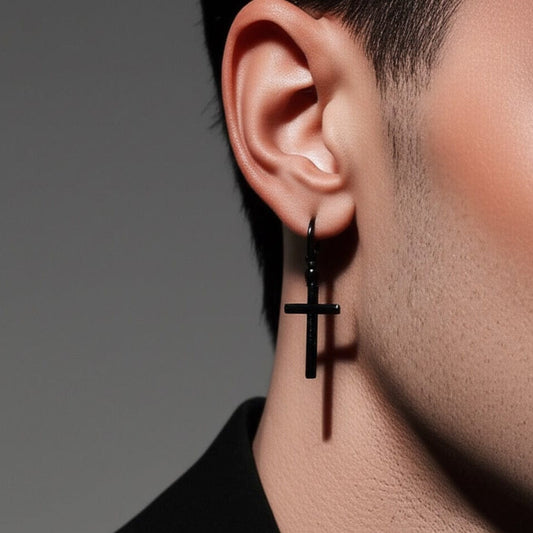 THE MEN THING Earring BLACK CRUX NOIR - Pure Titanium Steel Hoop Earrings for Men & Boys (2pcs)