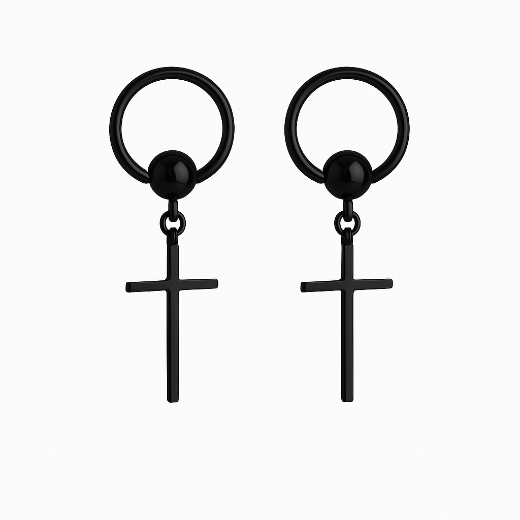 THE MEN THING Earring BLACK CRUX NOIR - Pure Titanium Steel Hoop Earrings for Men & Boys (2pcs)