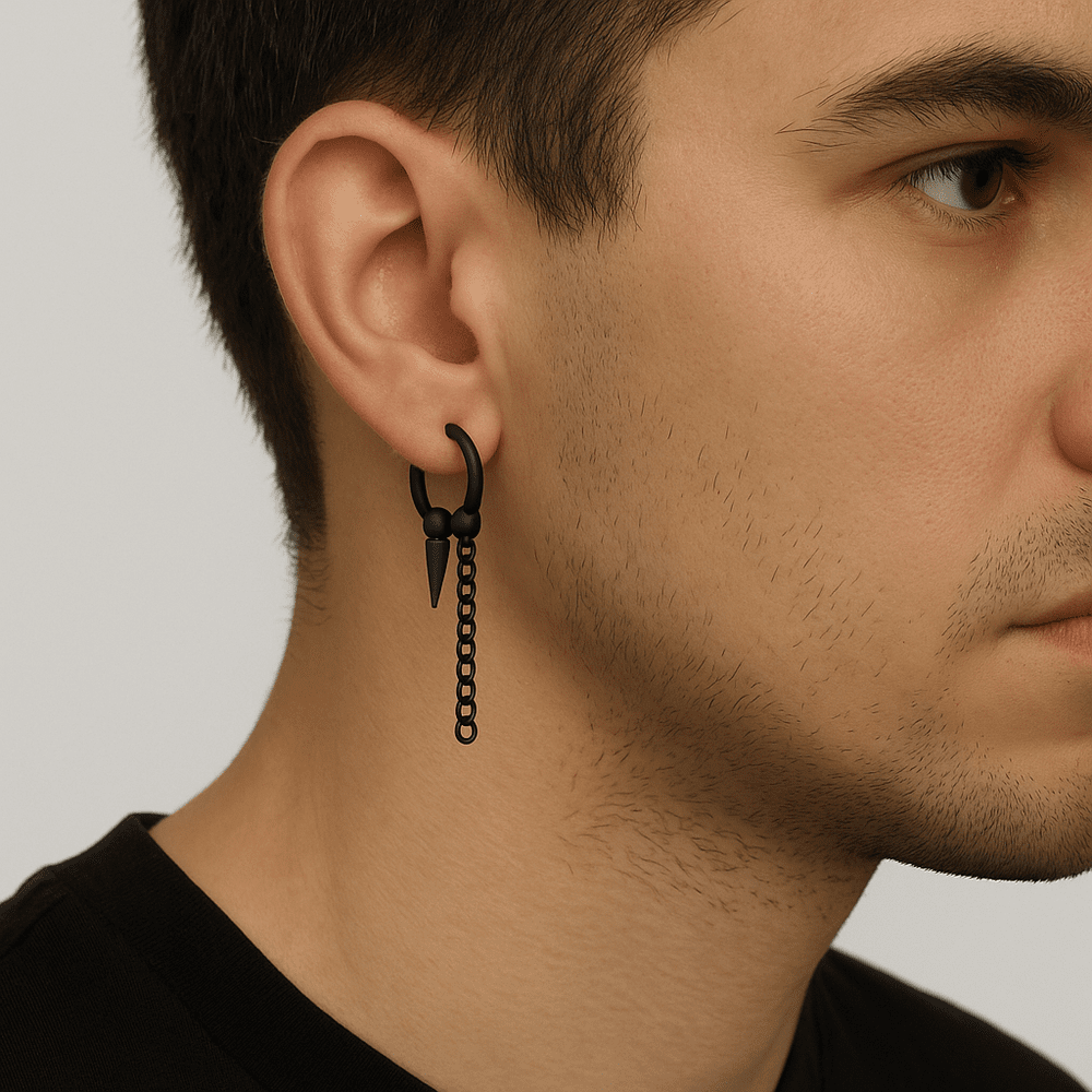 THE MEN THING Earring HEX SPIKE BLACK - Pure Titanium Steel Hoop Earrings for Men & Boys (2pcs)