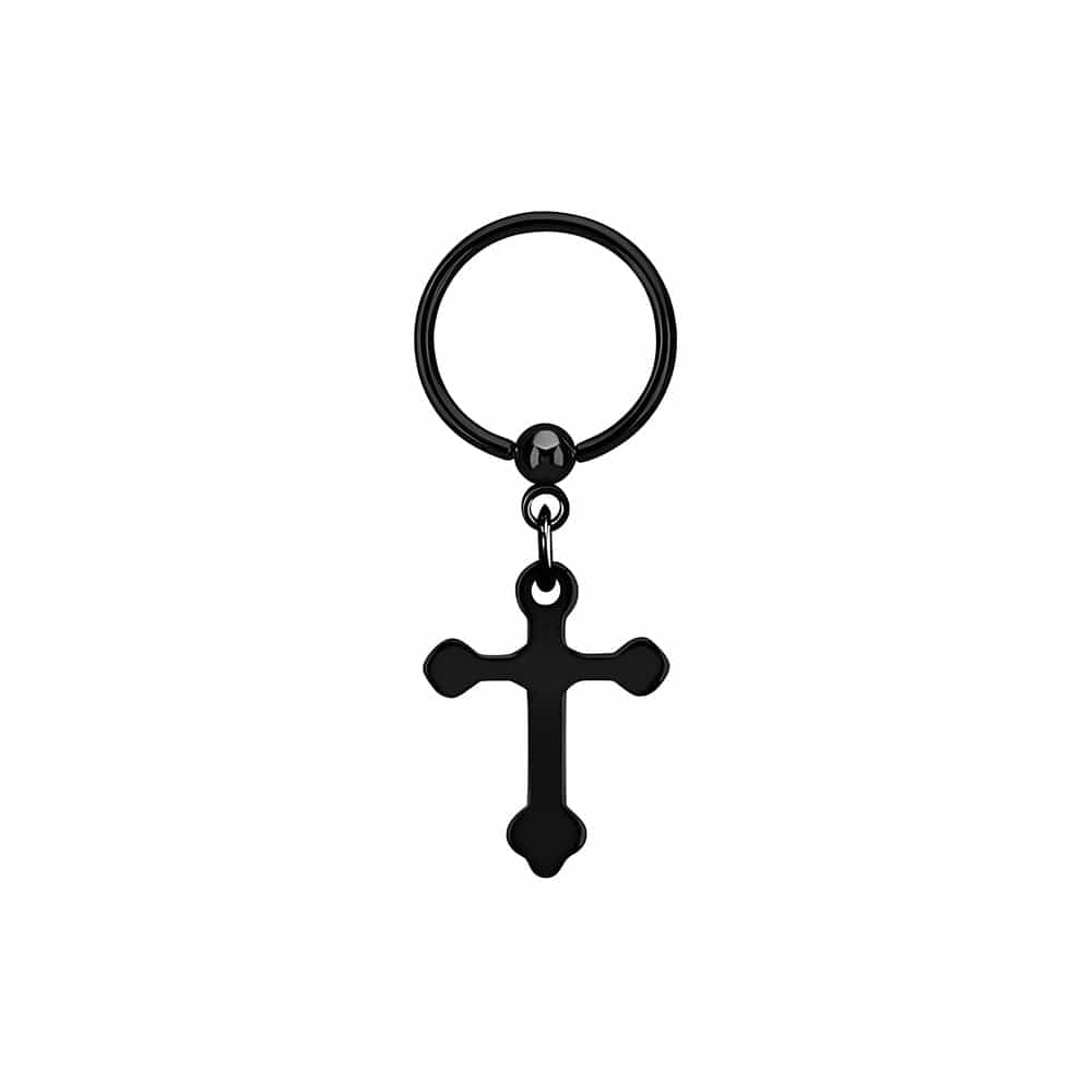 THE MEN THING Earring HEXED CRUCIFIX BLACK - Pure Titanium Steel Hoop Earrings for Men & Boys (2pcs)