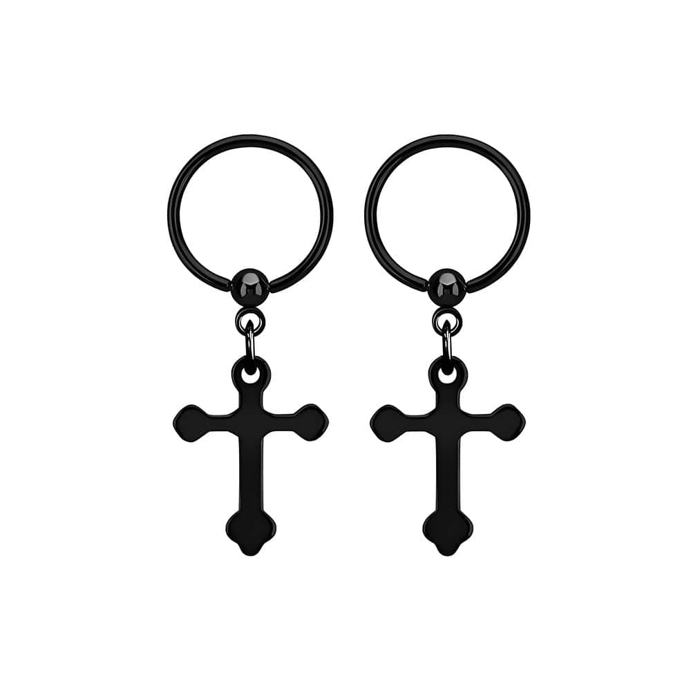THE MEN THING Earring HEXED CRUCIFIX BLACK - Pure Titanium Steel Hoop Earrings for Men & Boys (2pcs)