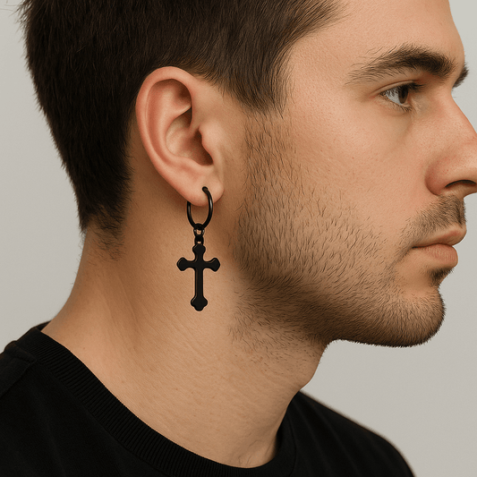 THE MEN THING Earring HEXED CRUCIFIX BLACK - Pure Titanium Steel Hoop Earrings for Men & Boys (2pcs)