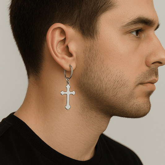 THE MEN THING Earring HEXED CRUCIFIX SILVER - Pure Titanium Steel Hoop Earrings for Men & Boys (2pcs)