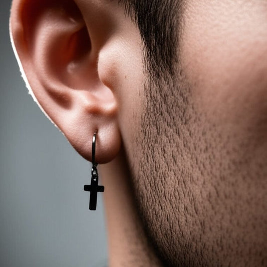 THE MEN THING Earring NOCTURNE CROSS BLACK - Pure Titanium Steel Hoop Earrings for Men & Boys (2pcs)