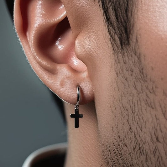 THE MEN THING Earring NOCTURNE CROSS SILVER - Pure Titanium Steel Hoop Earrings for Men & Boys (2pcs)