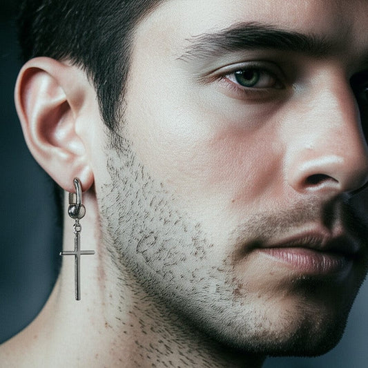 THE MEN THING Earring SILVER CRUX NOIR - Pure Titanium Steel Hoop Earrings for Men & Boys (2pcs)