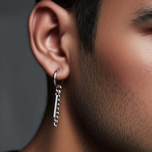 THE MEN THING Earring SILVER PRISM DROP - 2.5mm Pure Titanium Steel Hoop Earrings for Men & Boys (2pcs)
