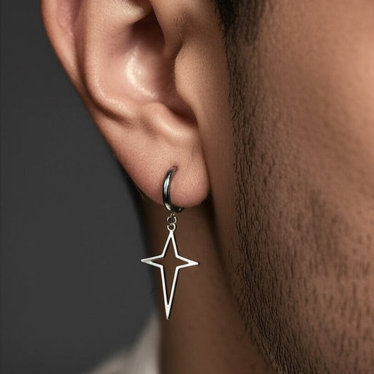THE MEN THING Earring STELLAR NOIR SILVER - Pure Titanium Steel Hoop Earrings for Men & Boys (2pcs)