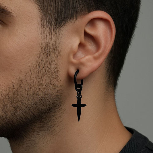 THE MEN THING Earring VALOR BLACK CROSS - Pure Titanium Steel Hoop Earrings for Men & Boys (2pcs)