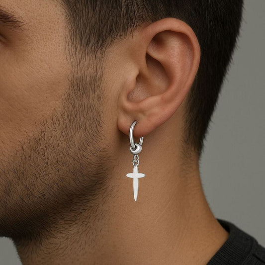 THE MEN THING Earring VALOR SILVER CROSS - Pure Titanium Steel Hoop Earrings for Men & Boys (2pcs)