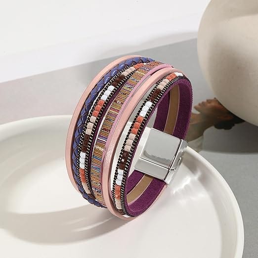 THE MEN THING JETSETTER’S EDGE - Pink Genuine Braided Leather Bracelet Set for Men & Boys (8 inch)