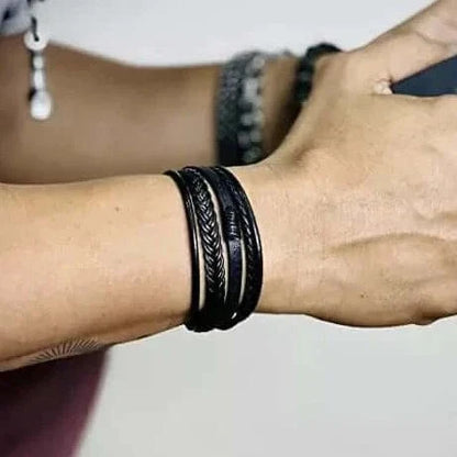 THE MEN THING Leather Bracelet ADRONIX BLACK - Leather Bracelet, Leather Multi-Layer Bracelet with Stainless Steel Magnetic Buckle for Men & Boys