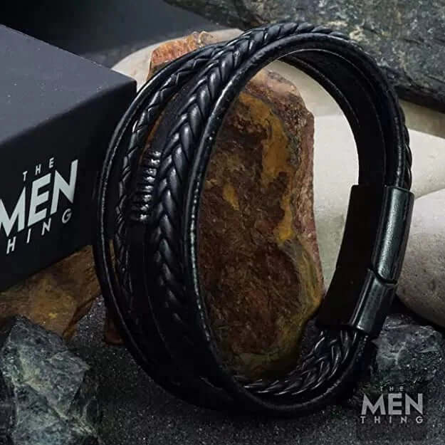 THE MEN THING Leather Bracelet ADRONIX BLACK - Leather Bracelet, Leather Multi-Layer Bracelet with Stainless Steel Magnetic Buckle for Men & Boys