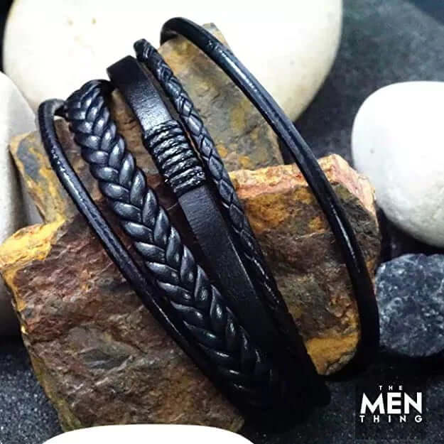 THE MEN THING Leather Bracelet ADRONIX BLACK - Leather Bracelet, Leather Multi-Layer Bracelet with Stainless Steel Magnetic Buckle for Men & Boys