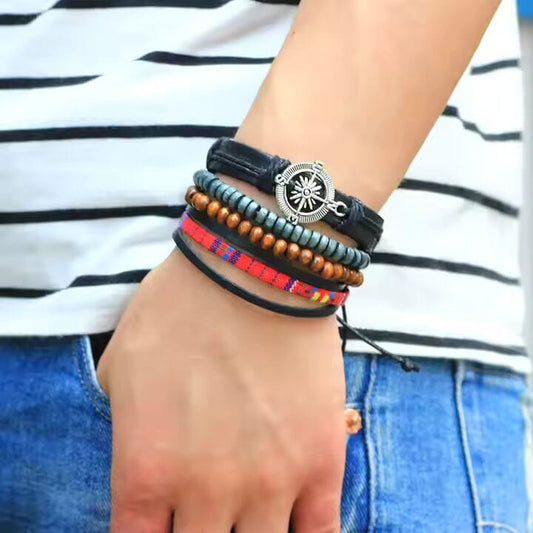 THE MEN THING Leather Bracelet ADVENTURE STACK  -  4 Pcs Genuine Braided Leather Bracelet Set for Men & Boys (8 inch)