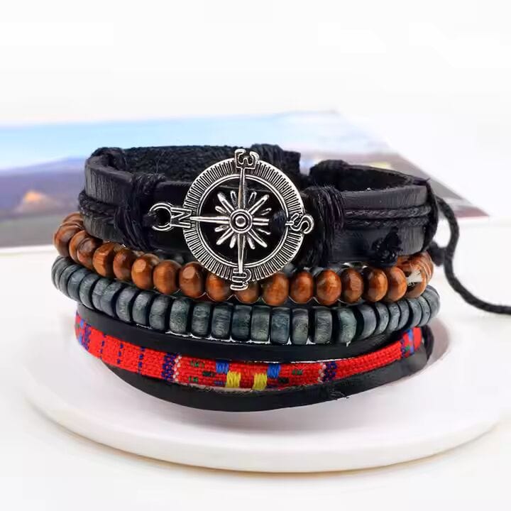 THE MEN THING Leather Bracelet ADVENTURE STACK  -  4 Pcs Genuine Braided Leather Bracelet Set for Men & Boys (8 inch)