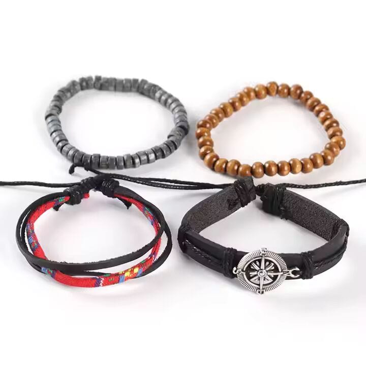 THE MEN THING Leather Bracelet ADVENTURE STACK  -  4 Pcs Genuine Braided Leather Bracelet Set for Men & Boys (8 inch)