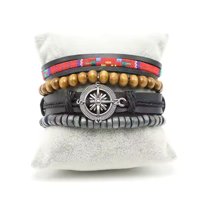 THE MEN THING Leather Bracelet ADVENTURE STACK  -  4 Pcs Genuine Braided Leather Bracelet Set for Men & Boys (8 inch)