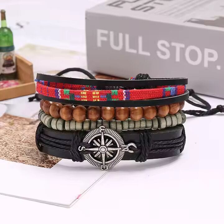 THE MEN THING Leather Bracelet ADVENTURE STACK  -  4 Pcs Genuine Braided Leather Bracelet Set for Men & Boys (8 inch)