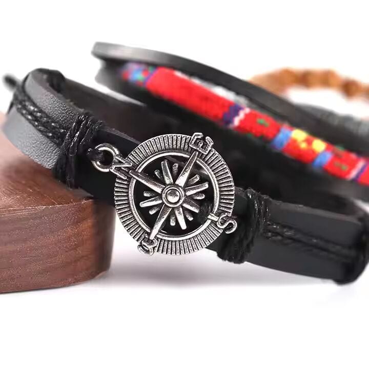 THE MEN THING Leather Bracelet ADVENTURE STACK  -  4 Pcs Genuine Braided Leather Bracelet Set for Men & Boys (8 inch)