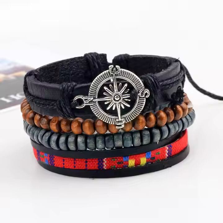 THE MEN THING Leather Bracelet ADVENTURE STACK  -  4 Pcs Genuine Braided Leather Bracelet Set for Men & Boys (8 inch)