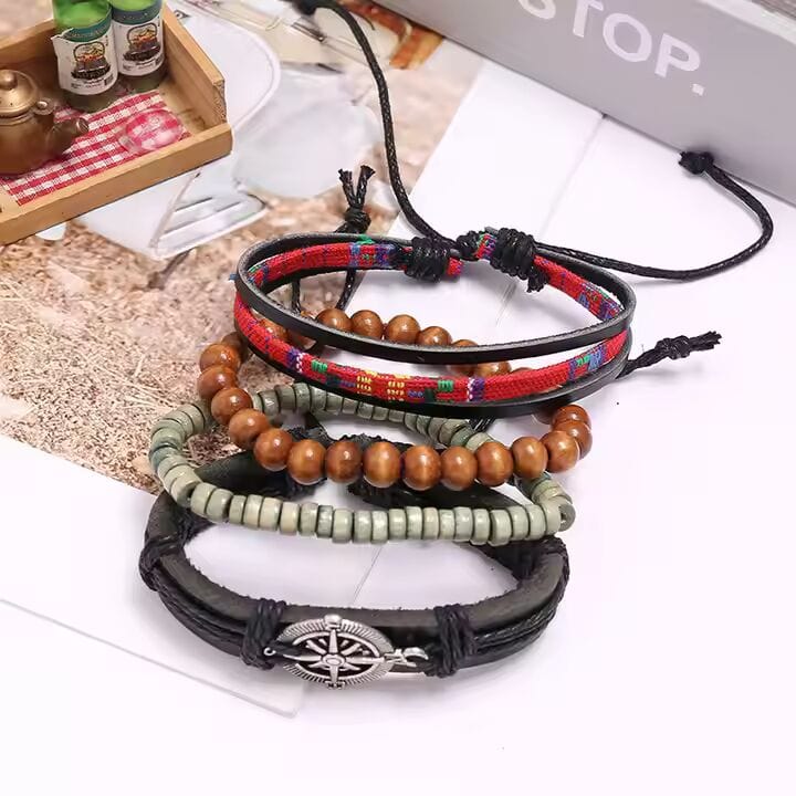 THE MEN THING Leather Bracelet ADVENTURE STACK  -  4 Pcs Genuine Braided Leather Bracelet Set for Men & Boys (8 inch)