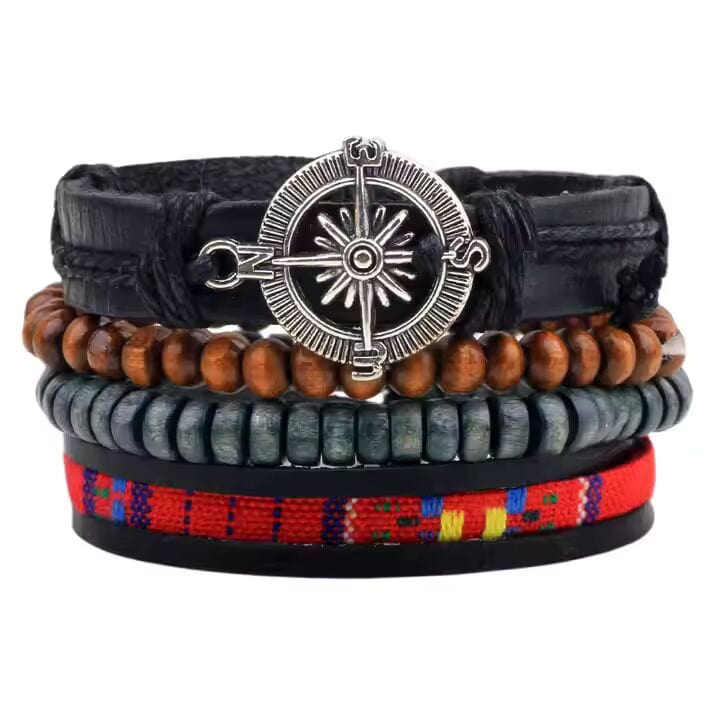 THE MEN THING Leather Bracelet ADVENTURE STACK  -  4 Pcs Genuine Braided Leather Bracelet Set for Men & Boys (8 inch)