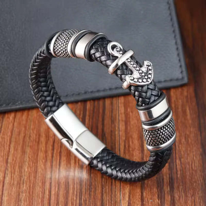 THE MEN THING Leather Bracelet ANCHOR KRAKEN BLACK - Genuine Leather Braided Bracelet with Stainless Steel Magnetic Buckle for Men & Boys (8 inch)