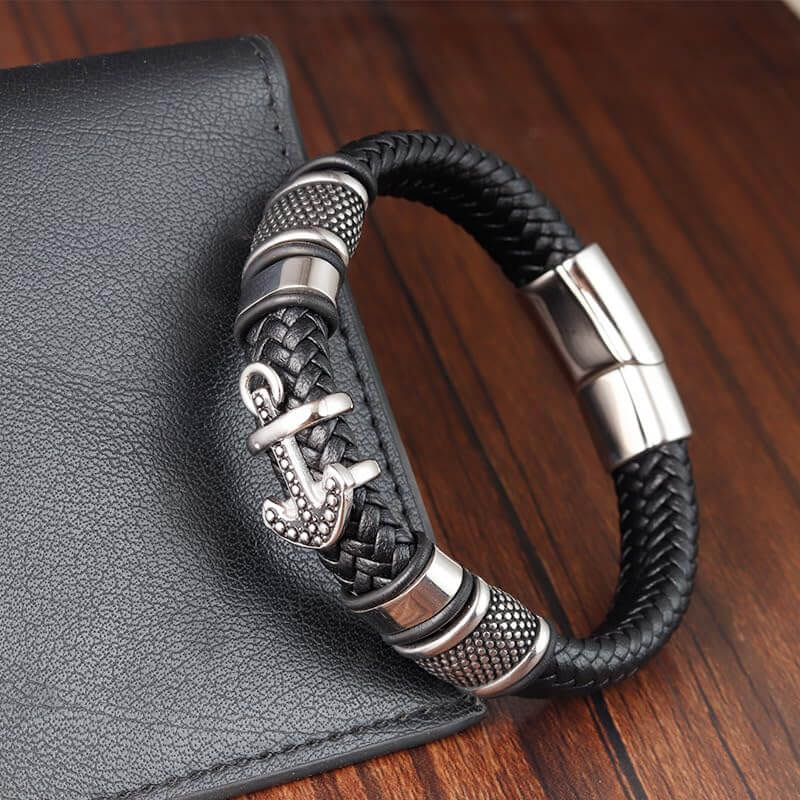 THE MEN THING Leather Bracelet ANCHOR KRAKEN BLACK - Genuine Leather Braided Bracelet with Stainless Steel Magnetic Buckle for Men & Boys (8 inch)