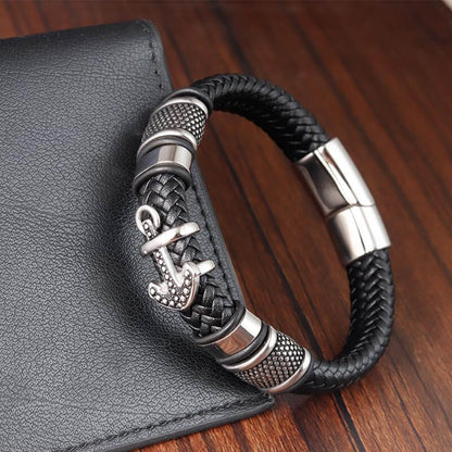 THE MEN THING Leather Bracelet ANCHOR KRAKEN BLACK - Genuine Leather Braided Bracelet with Stainless Steel Magnetic Buckle for Men & Boys (8 inch)