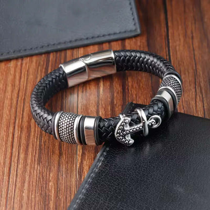 THE MEN THING Leather Bracelet ANCHOR KRAKEN BLACK - Genuine Leather Braided Bracelet with Stainless Steel Magnetic Buckle for Men & Boys (8 inch)