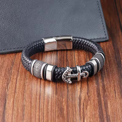 THE MEN THING Leather Bracelet ANCHOR KRAKEN BLACK - Genuine Leather Braided Bracelet with Stainless Steel Magnetic Buckle for Men & Boys (8 inch)