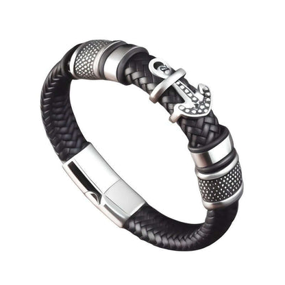 THE MEN THING Leather Bracelet ANCHOR KRAKEN BLACK - Genuine Leather Braided Bracelet with Stainless Steel Magnetic Buckle for Men & Boys (8 inch)