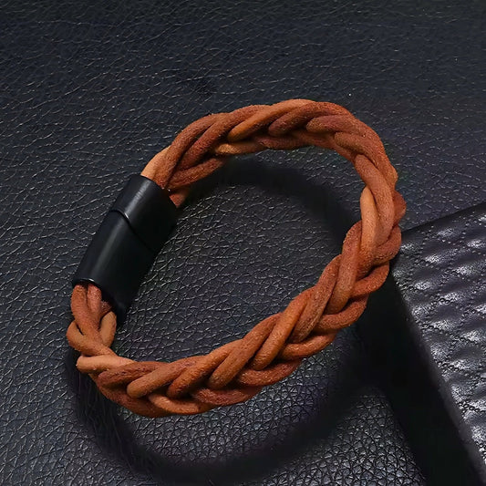 THE MEN THING Leather Bracelet AVENTRO - Genuine Leather Braided Bracelet with Stainless Steel Magnetic Buckle for Men & Boys (8 inch)