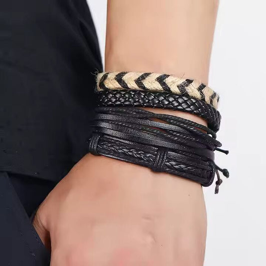 THE MEN THING Leather Bracelet BEAST’S KNOT - 4 Pcs Genuine Braided Leather Bracelet Set for Men & Boys (8 inch)
