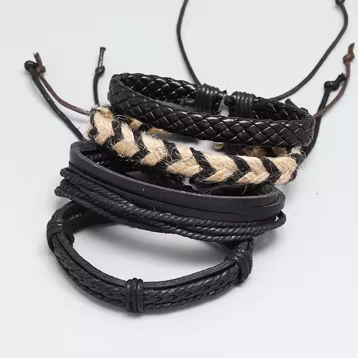 THE MEN THING Leather Bracelet BEAST’S KNOT - 4 Pcs Genuine Braided Leather Bracelet Set for Men & Boys (8 inch)