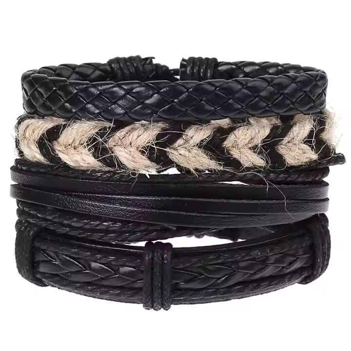 THE MEN THING Leather Bracelet BEAST’S KNOT - 4 Pcs Genuine Braided Leather Bracelet Set for Men & Boys (8 inch)