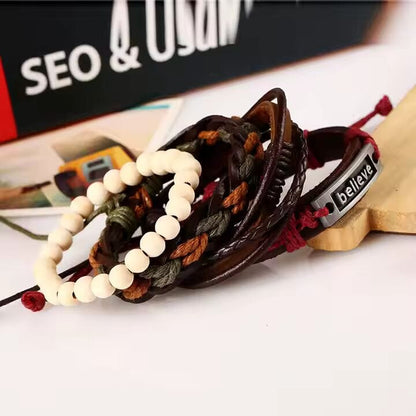 THE MEN THING Leather Bracelet BELIEVE BAND - 4 Pcs Genuine Braided Leather Bracelet Set for Men & Boys (8 inch)