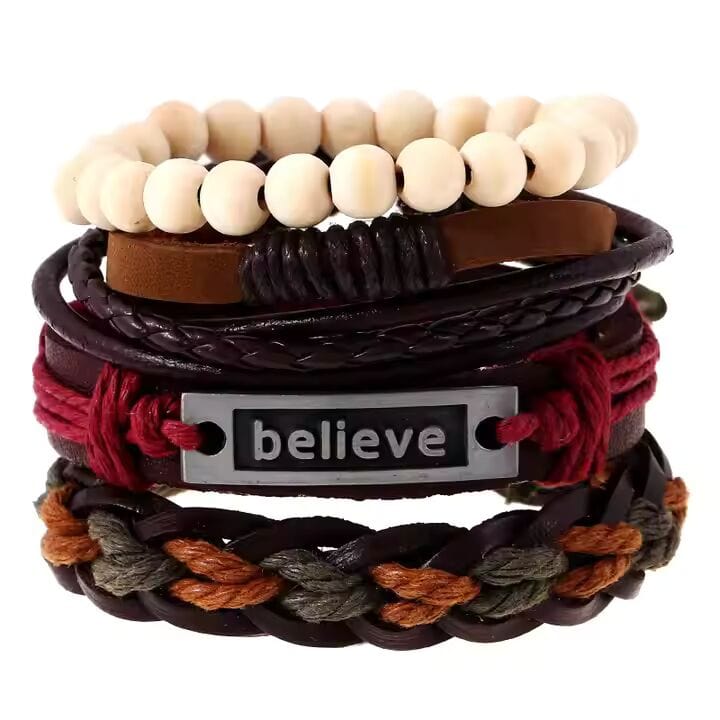 THE MEN THING Leather Bracelet BELIEVE BAND - 4 Pcs Genuine Braided Leather Bracelet Set for Men & Boys (8 inch)