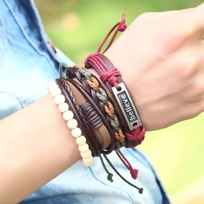 THE MEN THING Leather Bracelet BELIEVE BAND - 4 Pcs Genuine Braided Leather Bracelet Set for Men & Boys (8 inch)