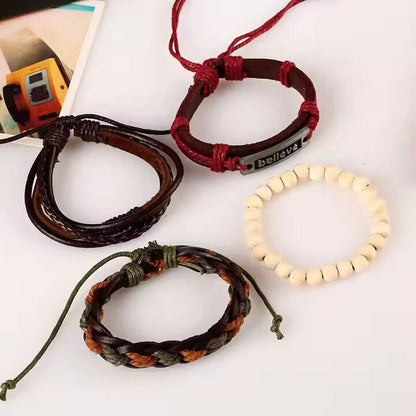 THE MEN THING Leather Bracelet BELIEVE BAND - 4 Pcs Genuine Braided Leather Bracelet Set for Men & Boys (8 inch)